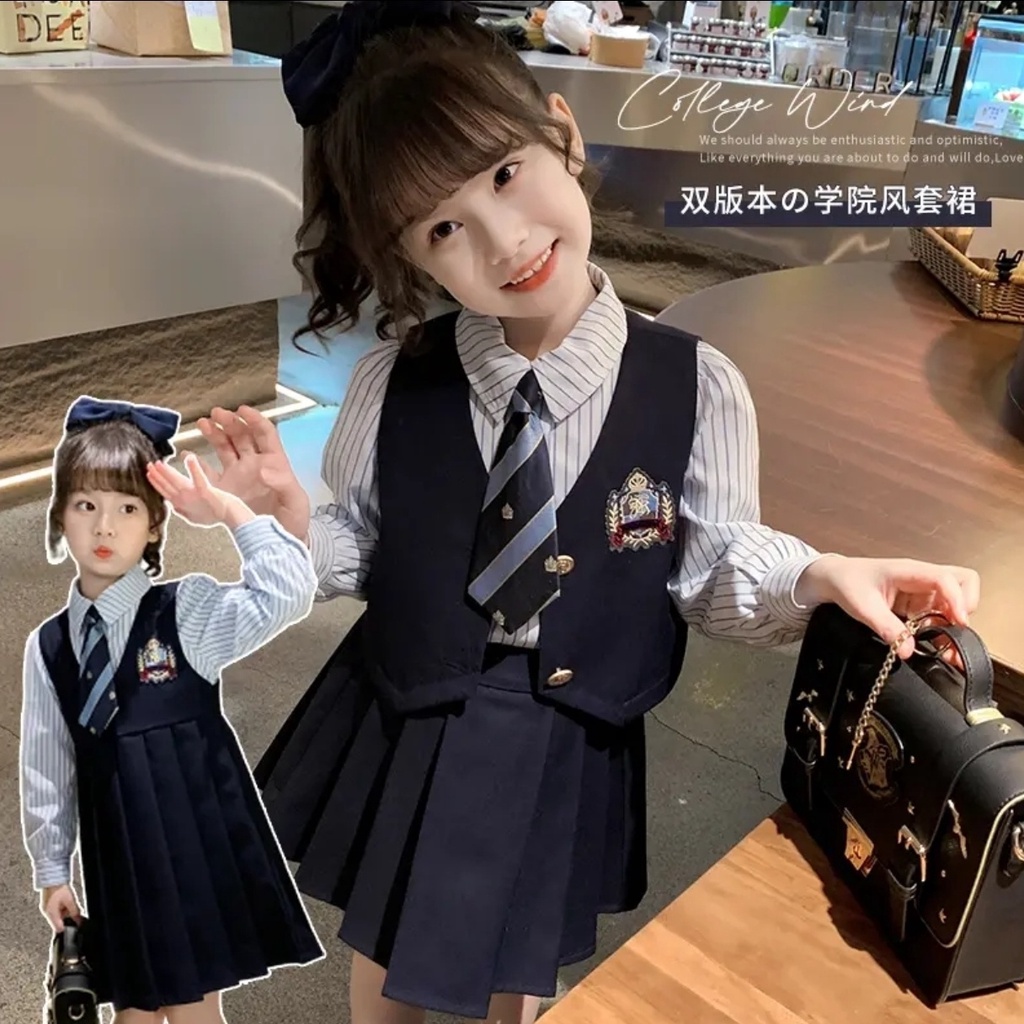 Bộ Áo Khoác vest + Chân Váy Đồng Phục Xếp Ly Thời Trang Mùa Xuân Xinh Xắn Cho Bé Gái