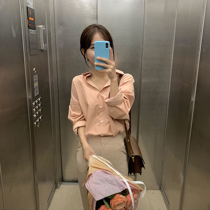 Áo sơ mi nữ RENJIANVSHENG tay dài dáng rộng màu hồng thời trang Hàn Quốc