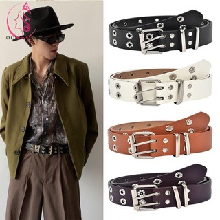 Oceanmap Thắt Lưng Da pu Hai Hàng Lỗ Kim Loại Phong Cách punk vintage Cho Nam