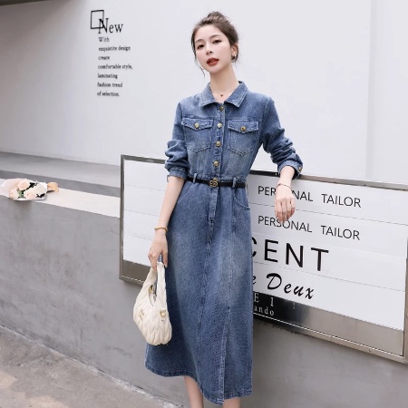 Đầm denim Dài Tay Dáng Dài Qua Gối Phong Cách retro Nữ Tính