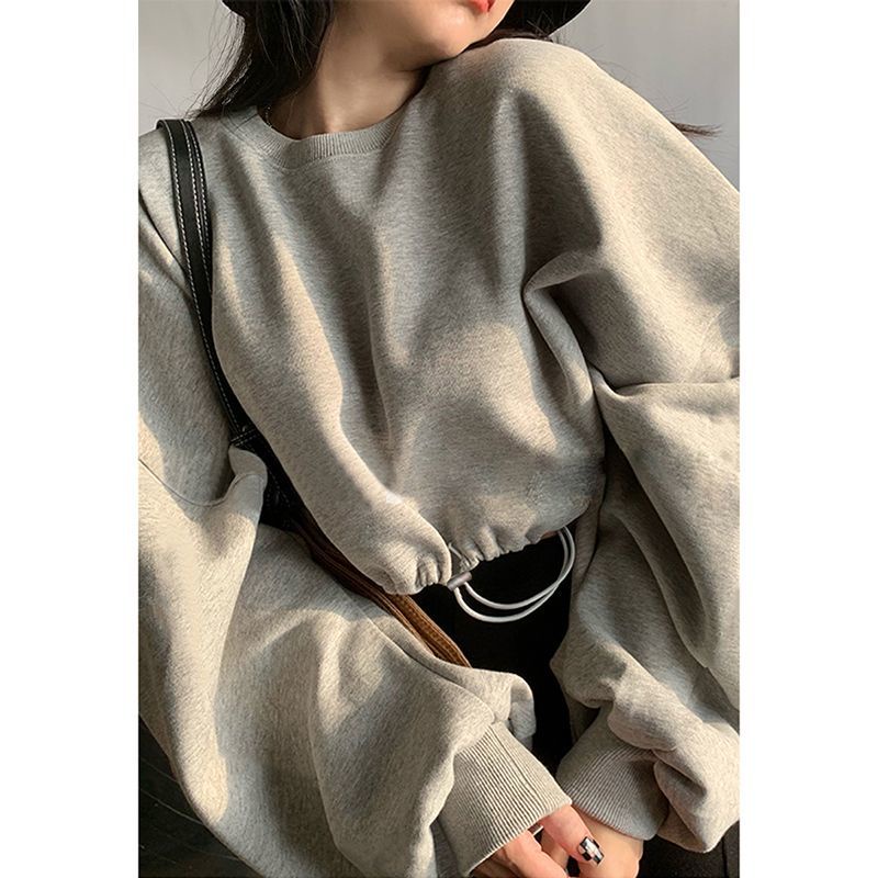 Áo sweatshirt Dáng Rộng Ngắn Tay Dài Eo Cao Thiết Kế Phong Cách Lười Mỹ Cho Nữ