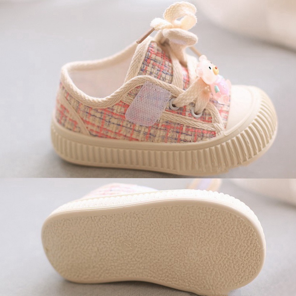 Giày Thể Thao Vải canvas Phối Sọc Caro Họa Tiết Chú Gấu Dễ Thương Cho Bé Gái