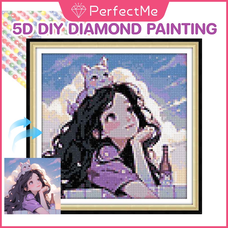 Bộ Tranh Đính Đá 5d Tự Làm Kích Thước 30x30cm Hình Cô Gái Và Mèo Hoạt Hình Trang Trí Nhà Cửa