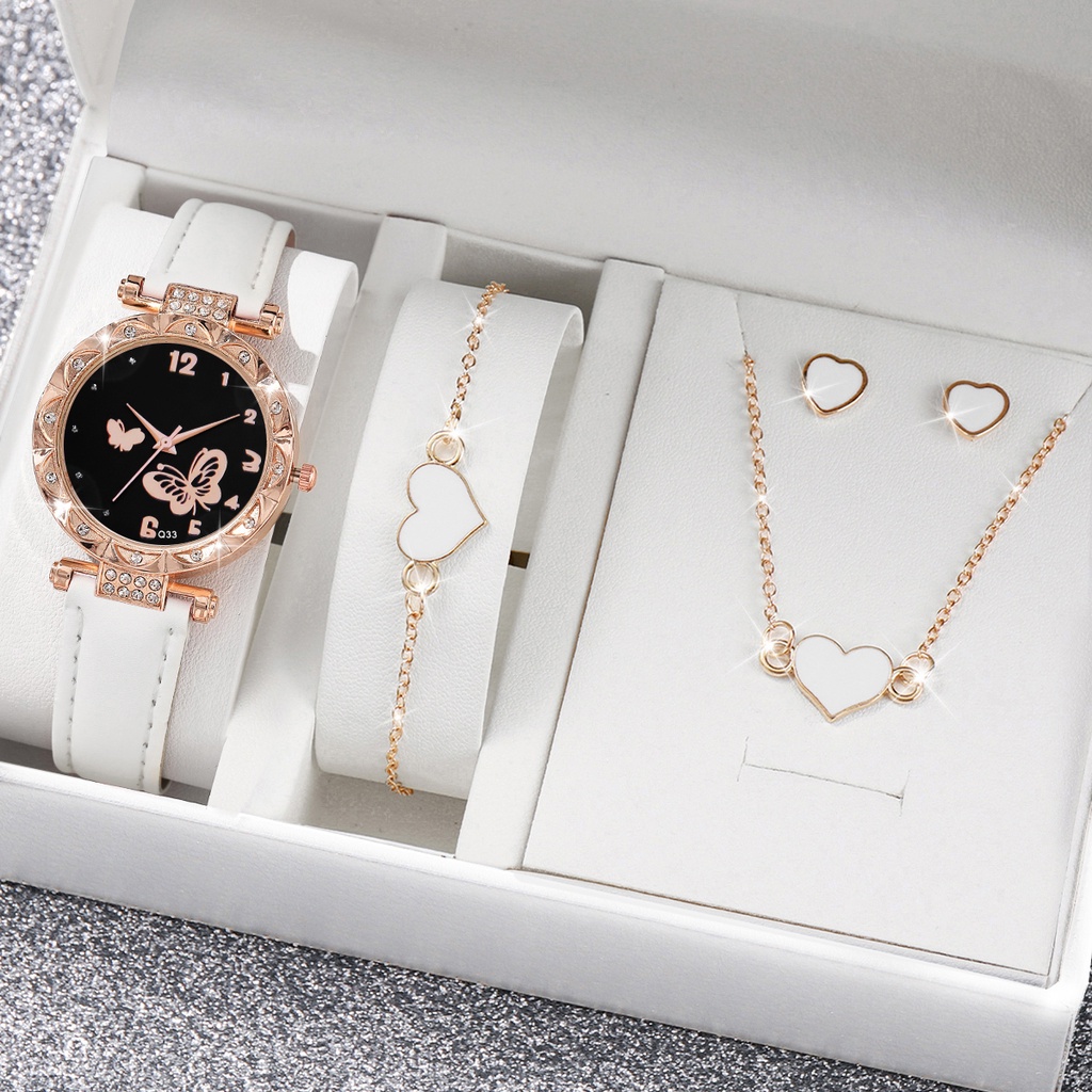 Thời Trang Đồng Hồ quartz Nữ Mặt Bướm Đính Hột Xoàn Dây Da