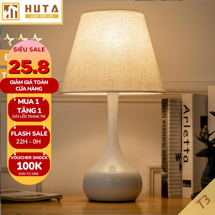 Đèn Ngủ Để Bàn Tăng Giảm Điều Chỉnh Độ Sáng, Thép, Bóng Led, Màu Đen, Trắng, Chao Vải, Dùng Phòng Ngủ, Khách - HUTA T3