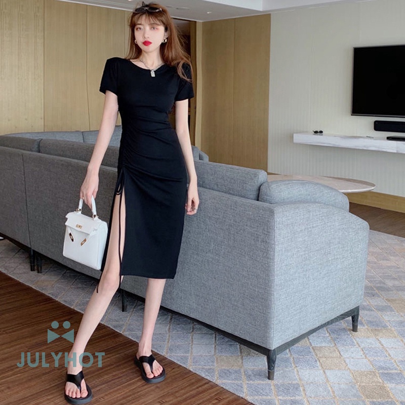 Đầm midi Tay Ngắn Cổ Tròn Màu Trơn Phối Dây Rút Thời Trang Mùa Hè Xinh Xắn Cho Nữ