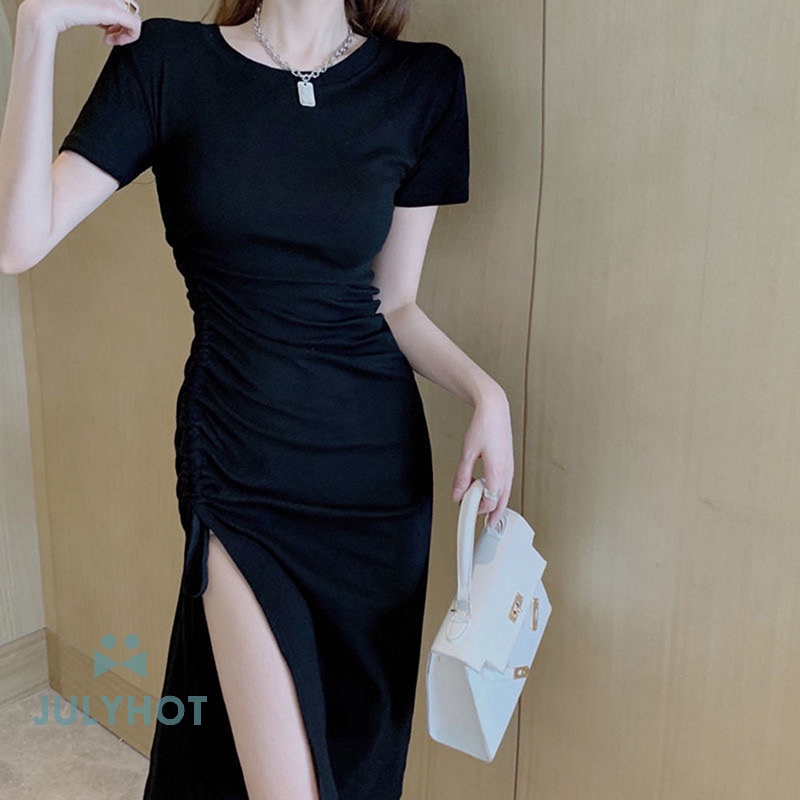 Đầm midi Tay Ngắn Cổ Tròn Màu Trơn Phối Dây Rút Thời Trang Mùa Hè Xinh Xắn Cho Nữ