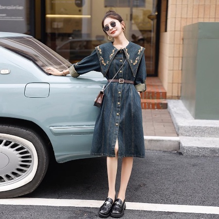 Đầm denim Tay Dài Thêu Họa Tiết Xinh Xắn Size s-3xl Thiết Kế Mới Thời Trang Dành Cho Mùa Thu