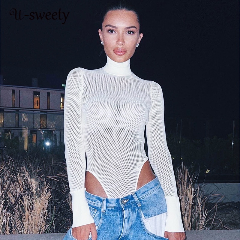Bodysuit Lưới Xuyên Thấu Tay Dài Cổ Tròn Màu Trơn Thời Trang 2023 Cho Nữ