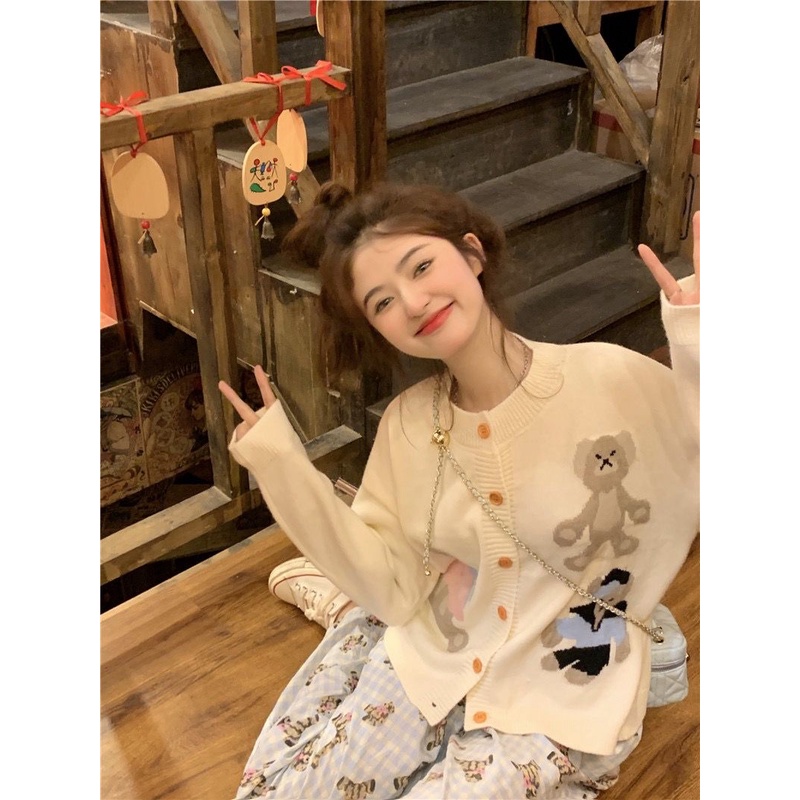 Áo Khoác cardigan Dệt Kim In Hình Gấu Dễ Thương Phong Cách Hàn Quốc Thời Trang Mùa Thu Cho Nữ