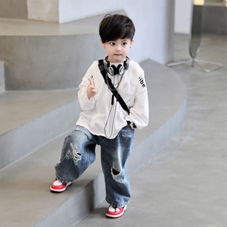 Set Áo Thun Dài Tay + Quần jeans Rách Phong Cách Hàn Quốc Cho Bé Trai