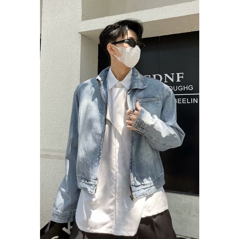 Áo Khoác Denim Ngắn Phong Cách Hàn Quốc Thời Trang Cao Cấp Cho Nam Áo Khoác Jean Unisex Nam Nữ Màu Bò Xanh Cào Xước Phong Cách