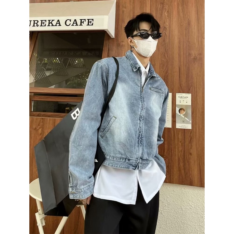 Áo Khoác Denim Ngắn Phong Cách Hàn Quốc Thời Trang Cao Cấp Cho Nam Áo Khoác Jean Unisex Nam Nữ Màu Bò Xanh Cào Xước Phong Cách