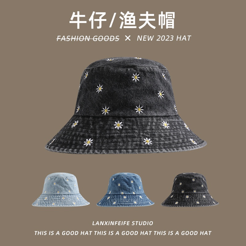 Nón Tai Bèo denim Thoáng Khí Thêu Hoa Cúc Thời Trang Hàn Quốc Cho Nữ