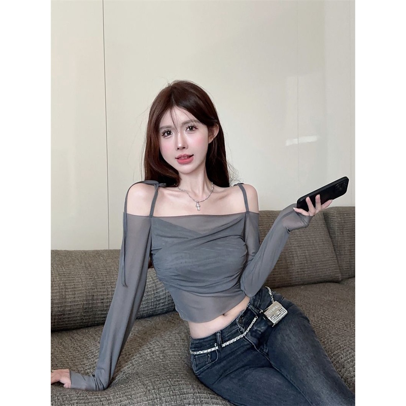 Áo Thun Tay Dài Hở Một Bên Vai Phối Lưới Mỏng Chống Nắng Dành Cho Nữ