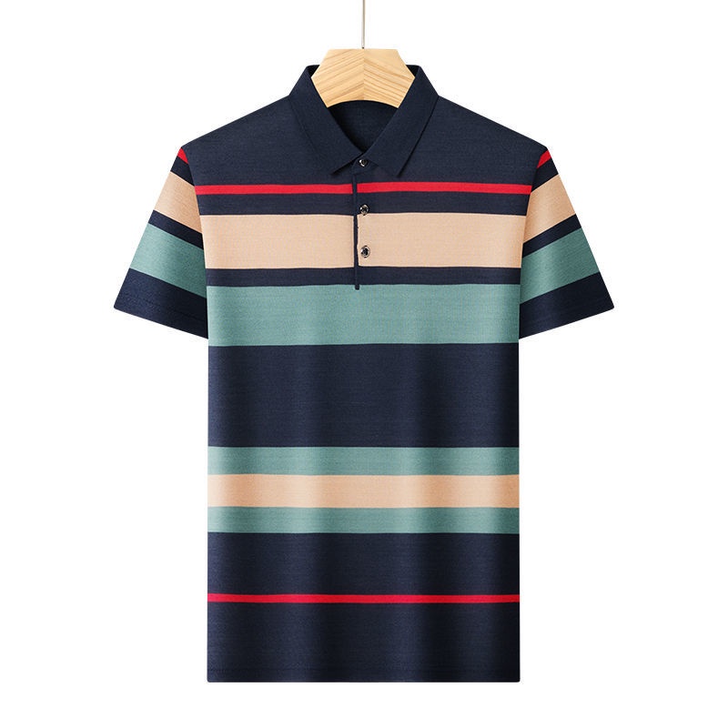 Áo Thun polo Ngắn Tay Form Rộng Họa Tiết Kẻ Sọc Thời Trang Mùa Hè Cho Đàn Ông Trung Niên
