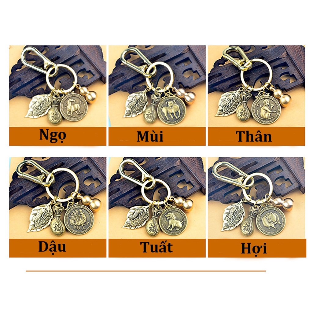 Móc Khóa Phong Thủy 4 Món Bằng Đồng 12 Con Giáp