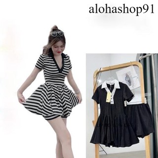 set đầm cổ bẻ tùng xòe to kèm quần nhiều màu alohashop91
