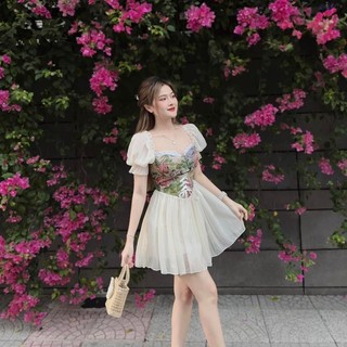 Đầm tiểu thư gấm hoa tay ngắn voan mịn có mút 2 lớp alohashop91