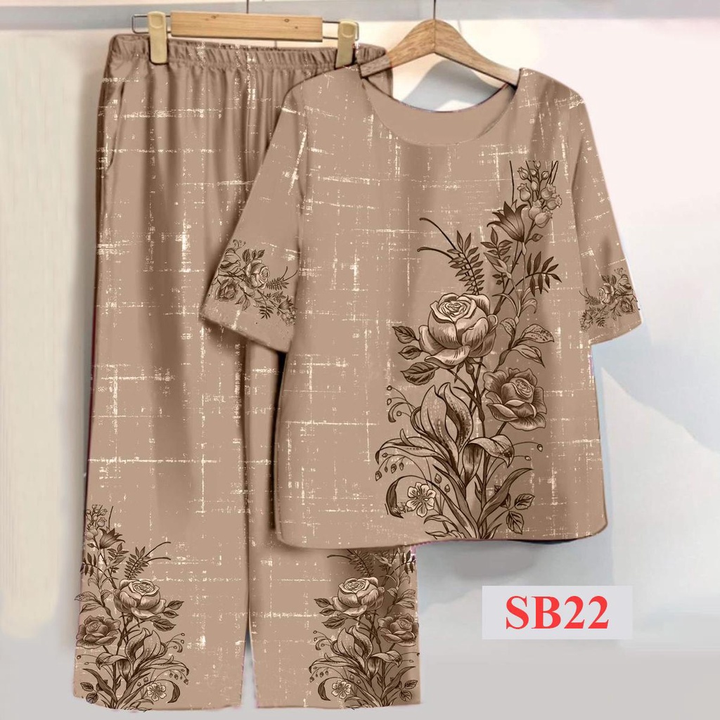 Bộ Đồ In Hoa Trung Niên 3D Lụa Hàn