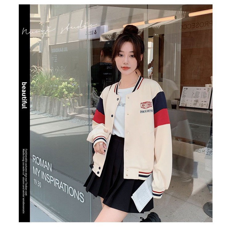 Miễn Phí Vận Chuyển Áo Khoác Nước  Hàng Có Sẵn Áo Khoác Bóng Chày Ngắn Hai Lớp Lót Vải Lót Dáng Rộng Phong Cách Mới Xuân Thu Cho Nữ