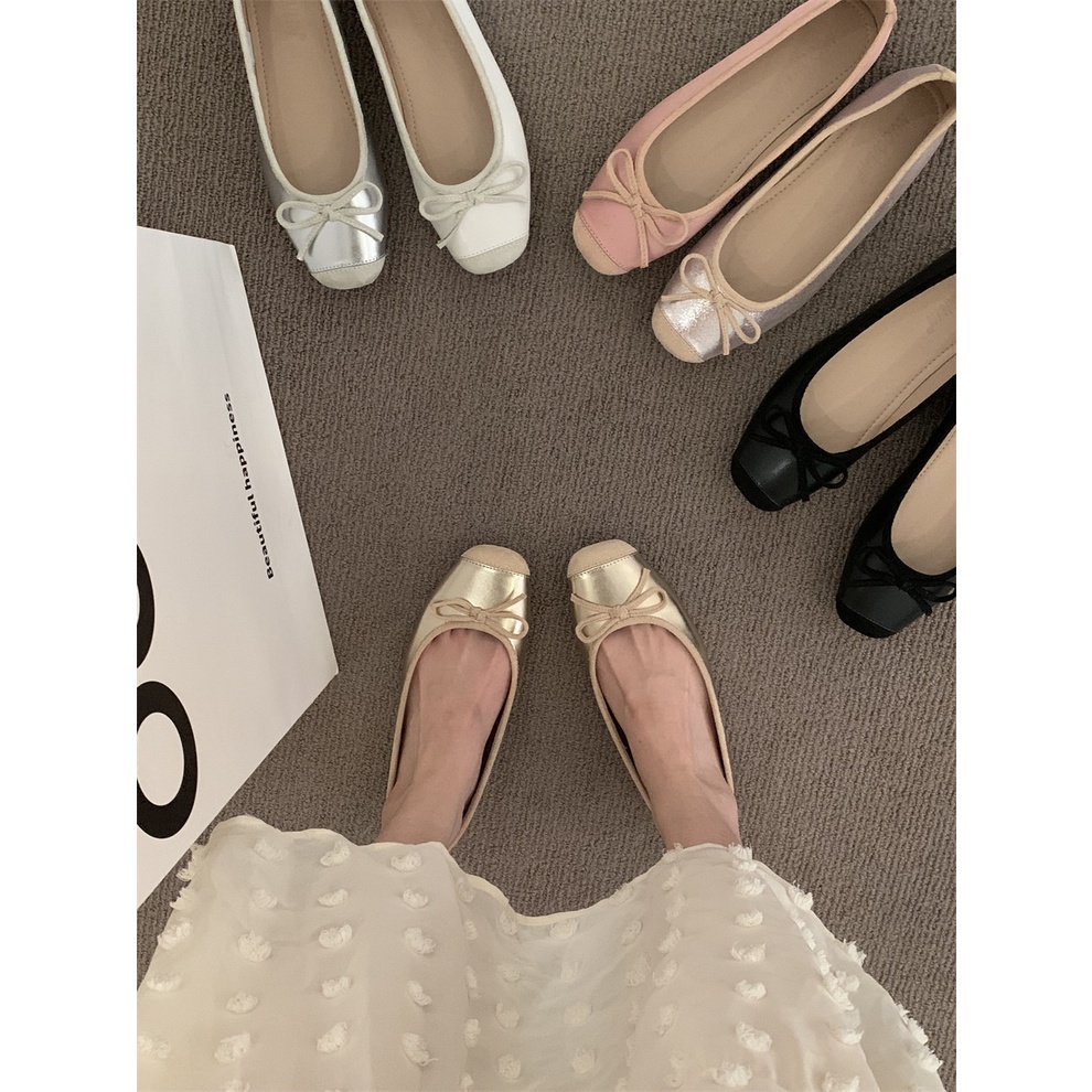 Lijia Giày Búp Bê Đế Bằng Mềm Mại Màu Bạc Phong Cách Pháp Thời Trang Cho Nữ