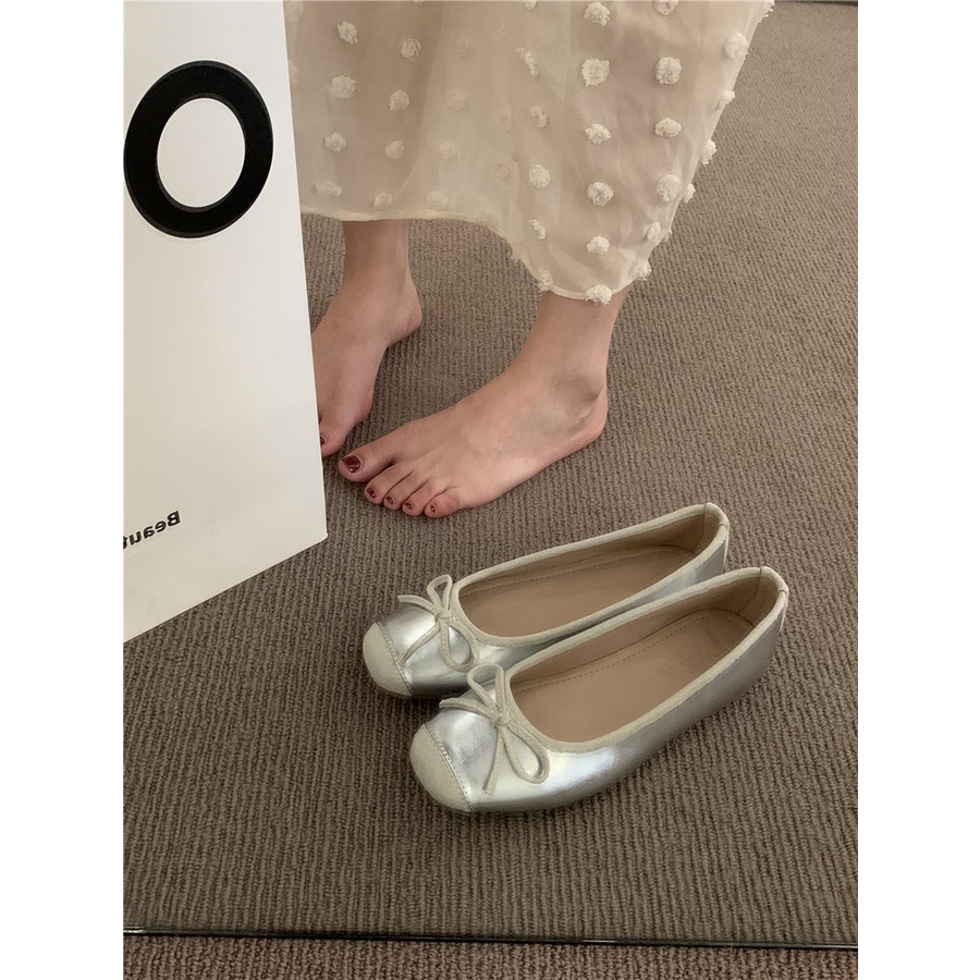 Lijia Giày Búp Bê Đế Bằng Mềm Mại Màu Bạc Phong Cách Pháp Thời Trang Cho Nữ