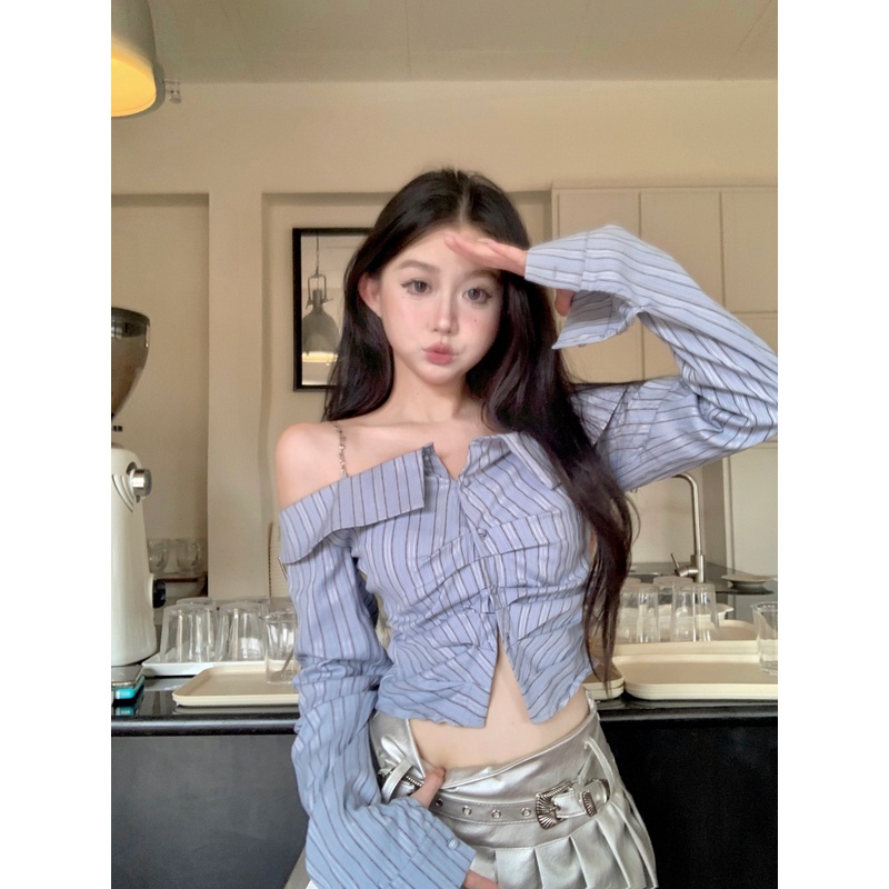 「Nonfatgirl」Áo Sơ Mi Trễ Vai Tay Dài Họa Tiết Sọc Xanh Dương Sang Trọng Cho Nữ