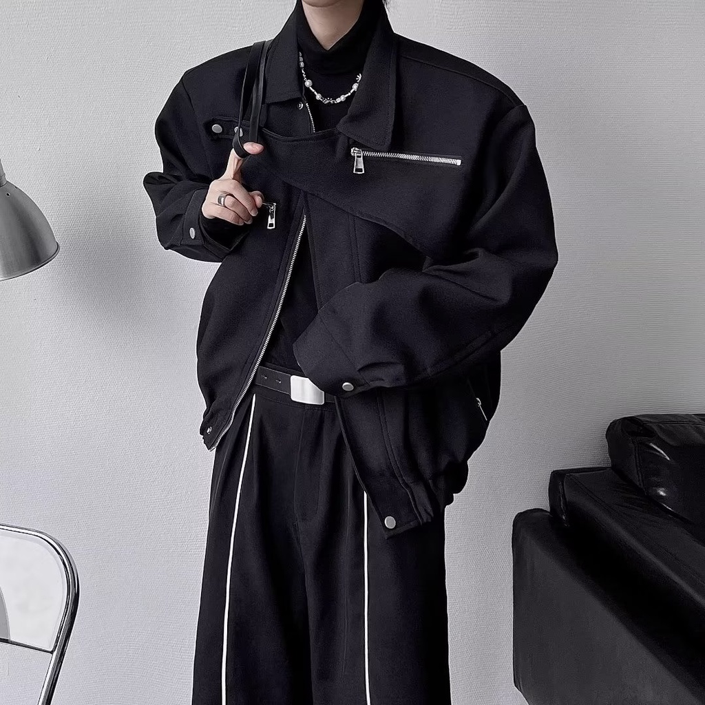 Áo khoác nam  ngắn màu Đen thiết kế Đơn giản thời trang xuân thu hàng mới 2023 dành cho nam nữ thời trang thường ngày Áo khoác dây kéo sành Điệu thời trang