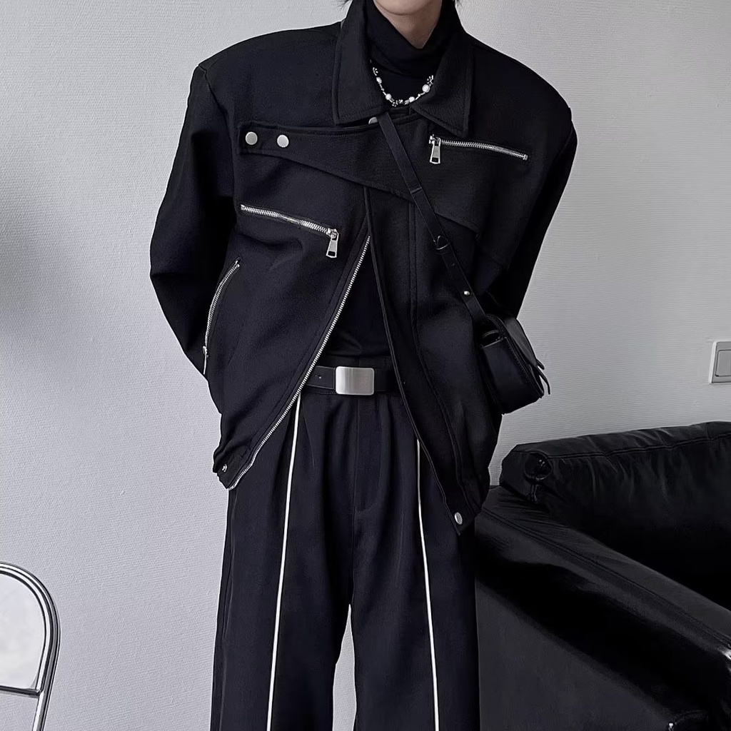 Áo khoác nam  ngắn màu Đen thiết kế Đơn giản thời trang xuân thu hàng mới 2023 dành cho nam nữ thời trang thường ngày Áo khoác dây kéo sành Điệu thời trang