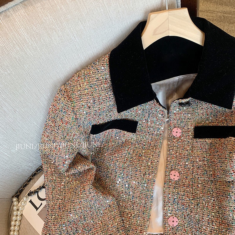Áo Khoác Cổ polo Đính Kim Sa Màu Sắc Tương Phản Phong Cách Pháp Thời Trang Thu Đông 2023 Cho Nữ