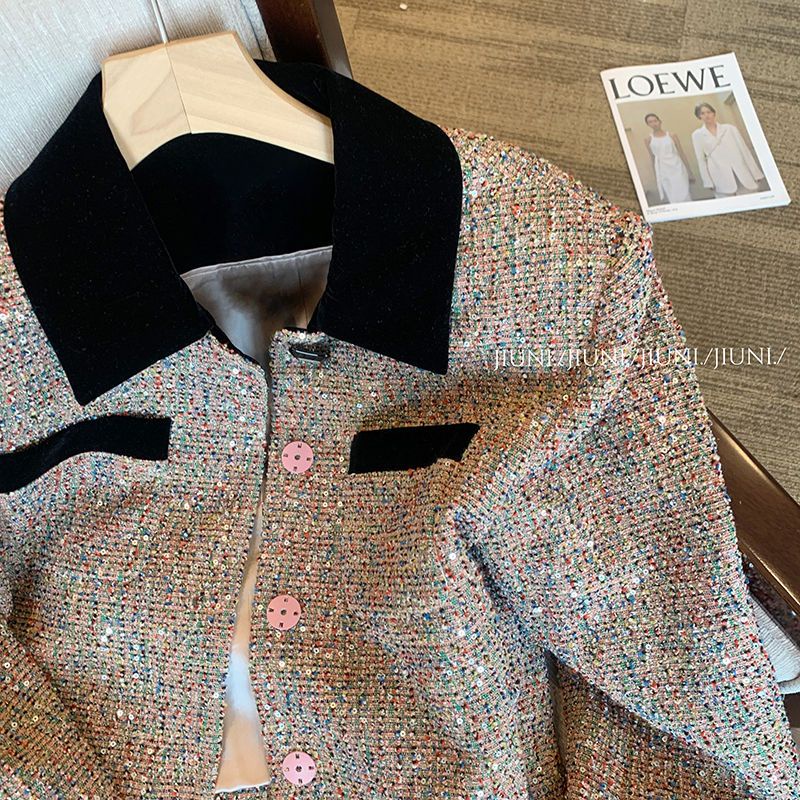 Áo Khoác Cổ polo Đính Kim Sa Màu Sắc Tương Phản Phong Cách Pháp Thời Trang Thu Đông 2023 Cho Nữ