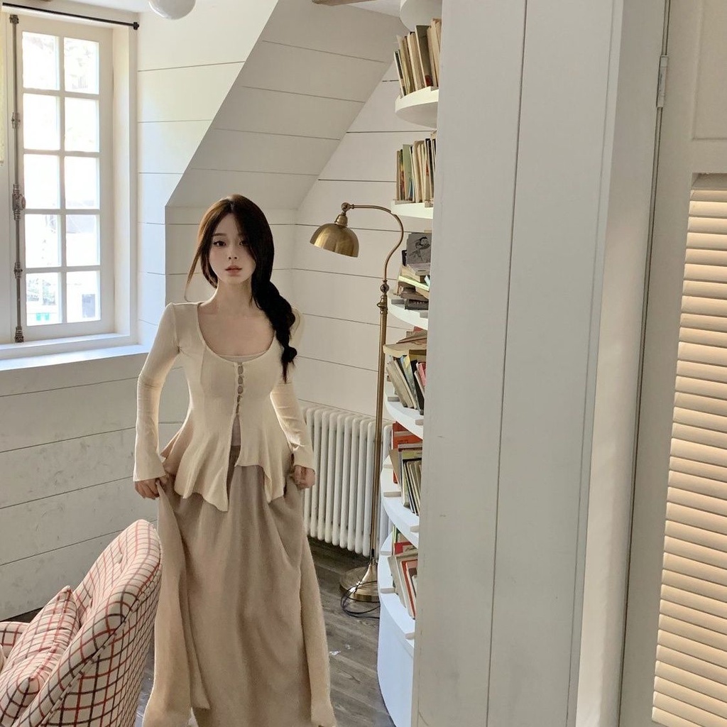 Bộ Áo Khoác cardigan + Áo Hai Dây + Chân Váy Lưng Cao Phong Cách Pháp Thời Trang 2023 Mới 304 Cho Nữ