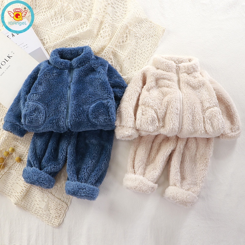 Set đồ mặc ở nhà IQ ANGEL màu trơn phối lông có khóa kéo thời trang thu đông cho trẻ em