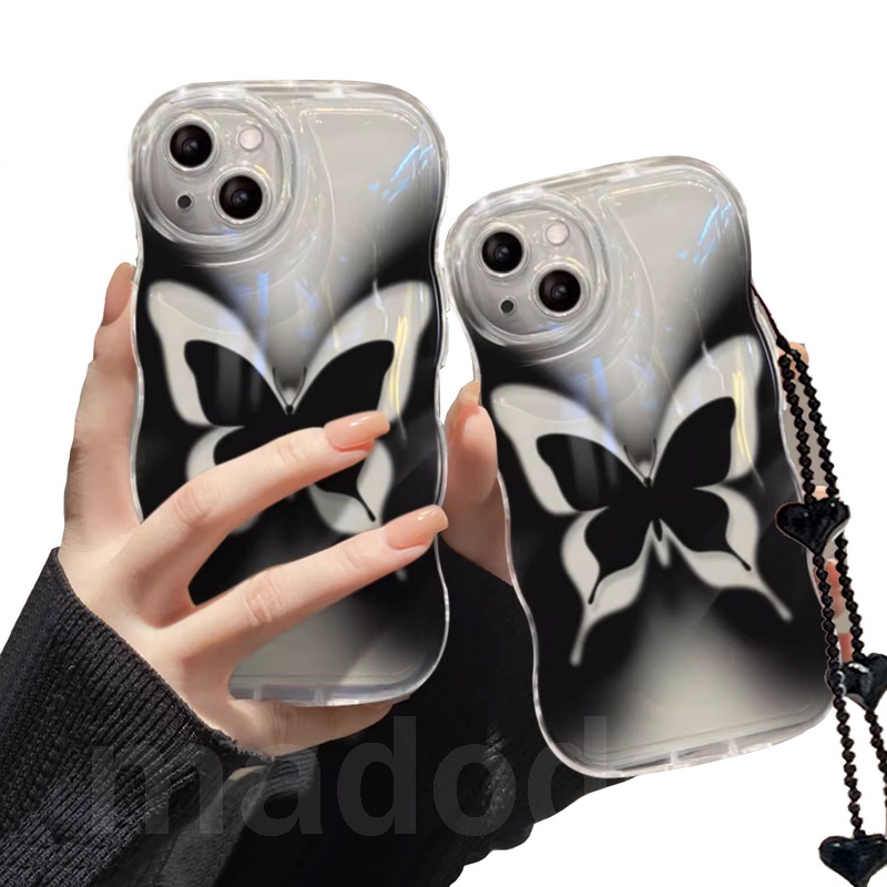 Lanyard Casing for iPhone 15 14 13 Mini 12 11 Pro Xs max 6S 6 7 8 Plus X XR 14ProMax 13promax 12promax 11promax Cute Clear Black Butterfly Tpu Fine Hole Wave Edge Airbag Shockproof Soft Phone Case Full Back Cover BW 89