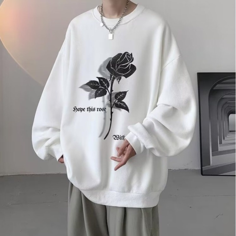 Áo Sweater cotton Tay Dài Dáng Rộng In Hình Hoa Hồng Phong Cách Đường Phố Mỹ Cổ Điển Thời Trang Cho Nam Và Nữ size m-5xl