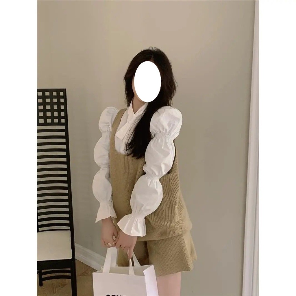 Set Áo Sơ Mi Tay Phồng + Quần Short + Áo Len Không Tay Phong Cách Châu Âu Dành Cho Nữ
