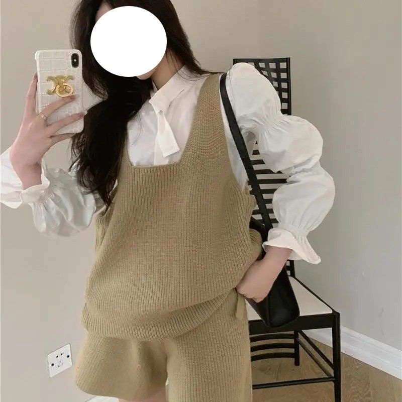 Set Áo Sơ Mi Tay Phồng + Quần Short + Áo Len Không Tay Phong Cách Châu Âu Dành Cho Nữ