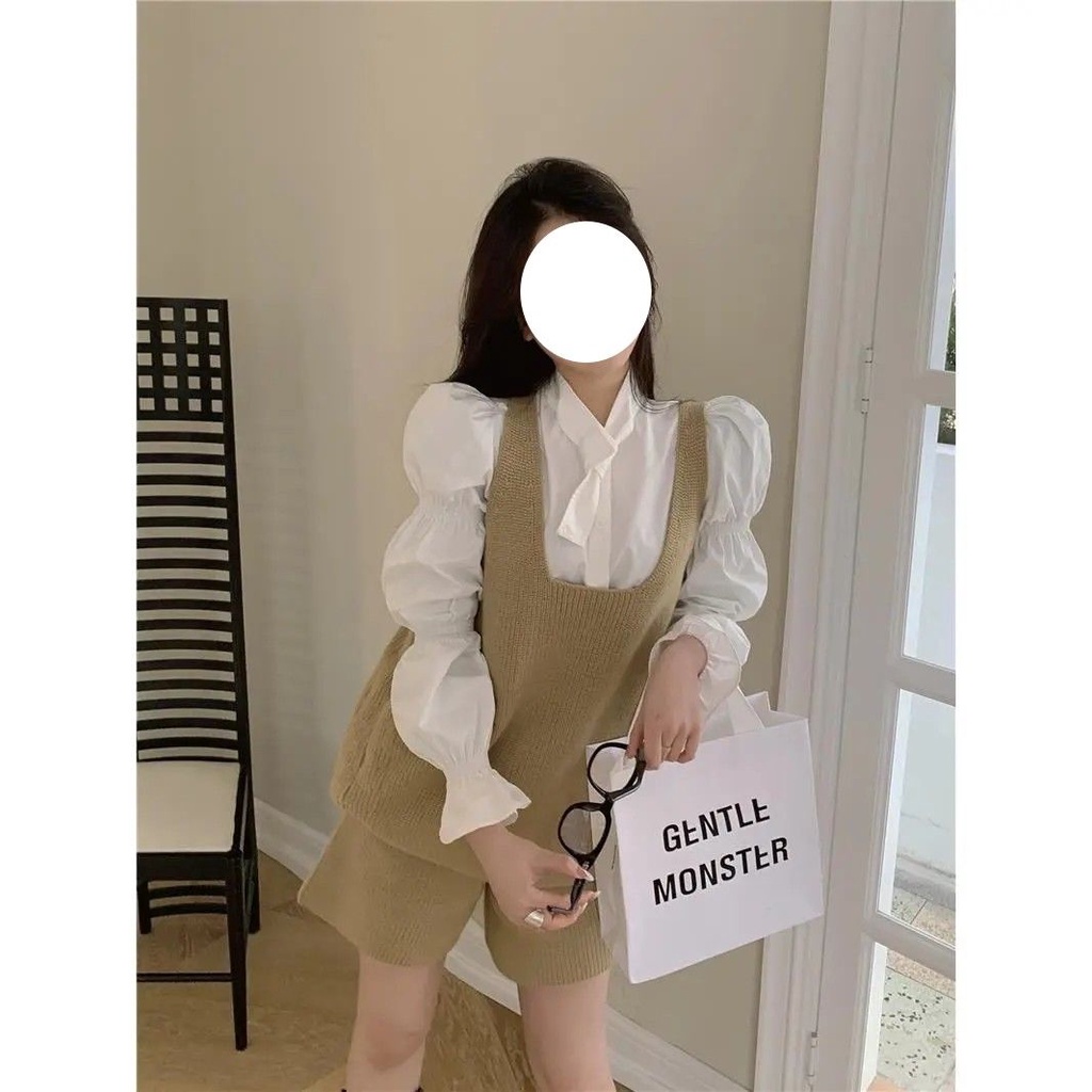 Set Áo Sơ Mi Tay Phồng + Quần Short + Áo Len Không Tay Phong Cách Châu Âu Dành Cho Nữ