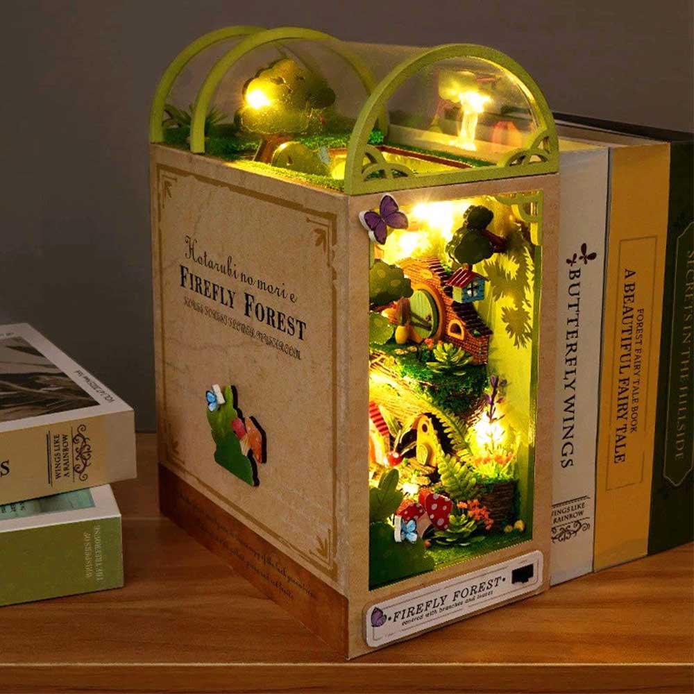 3D Wooden Puzzle Firefly Forest Christmas Eve French Alley Magic Book Nook Shelf Insert Kits Miniature House Bookshelf Dollhouse Bookend Toys for Kids Friends Gifts
