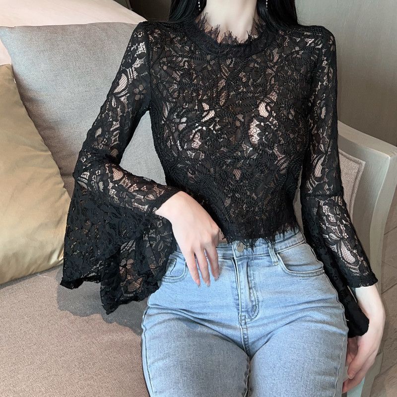 New light mature style lady's three-dimensional shirt trumpet sleeve hollow-out lace base shirt smart perspective short western style long sleeve shirt