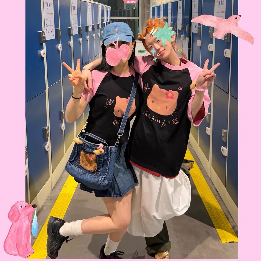 Sanrio Túi Xách denim Màu Cà Phê In Hình hello kitty Dễ Thương Sức Chứa Lớn Cho Nữ