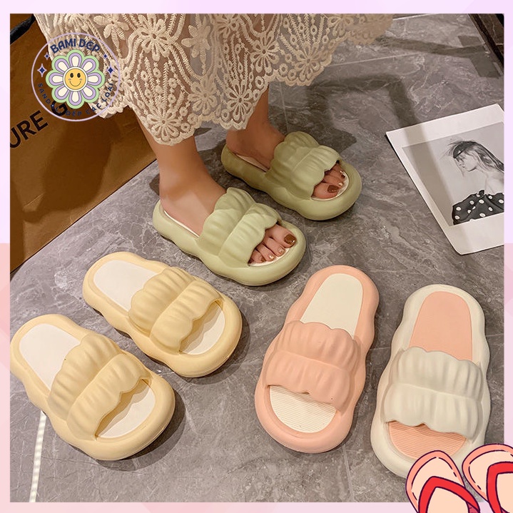 Dép Bánh Mì Nữ Đế Mềm Êm Chân Quai Ngang Nhún Cánh Hoa Màu Pastel Đi Trong Nhà Hot Trend