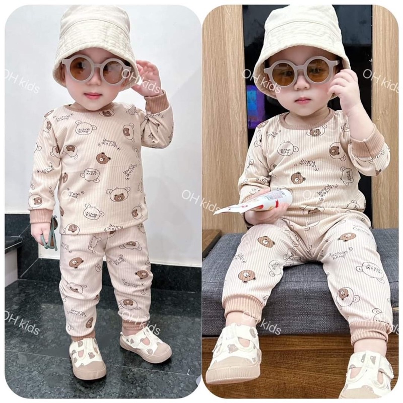 Bộ dài tay thu đông in gấu chất thun tăm cao cấp mềm ấm co giãn cho bé trai bé gái