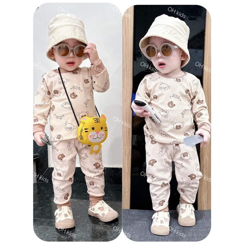 Bộ dài tay thu đông in gấu chất thun tăm cao cấp mềm ấm co giãn cho bé trai bé gái