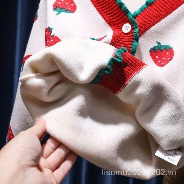 Áo Len Không Tay Lót Nhung Họa Tiết Dâu Tây Phong Cách Hàn Quốc Thời Trang Thu Đông Cho Bé Gái