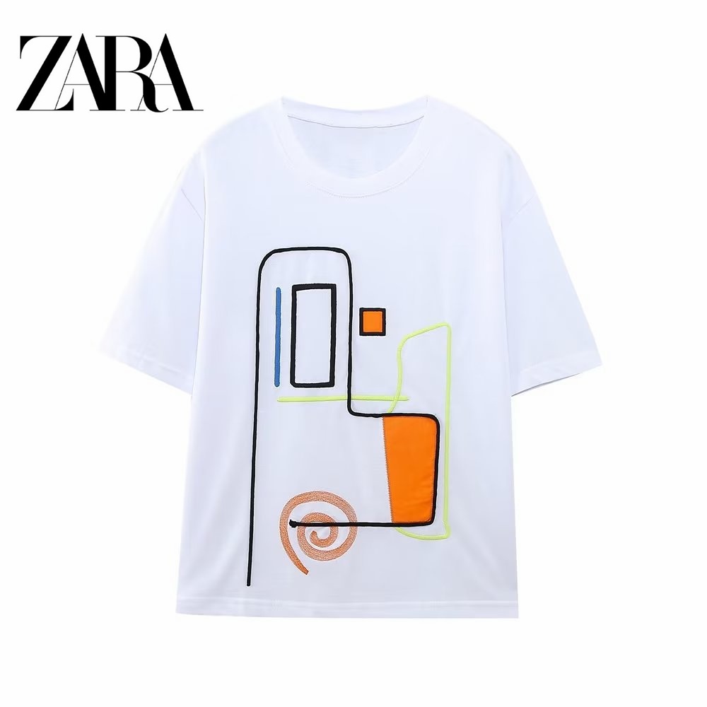 Zara Áo Thun Nữ Tay Ngắn Cổ Tròn Dáng Rộng Họa Tiết Dập Nổi Phối Màu Dễ Thương