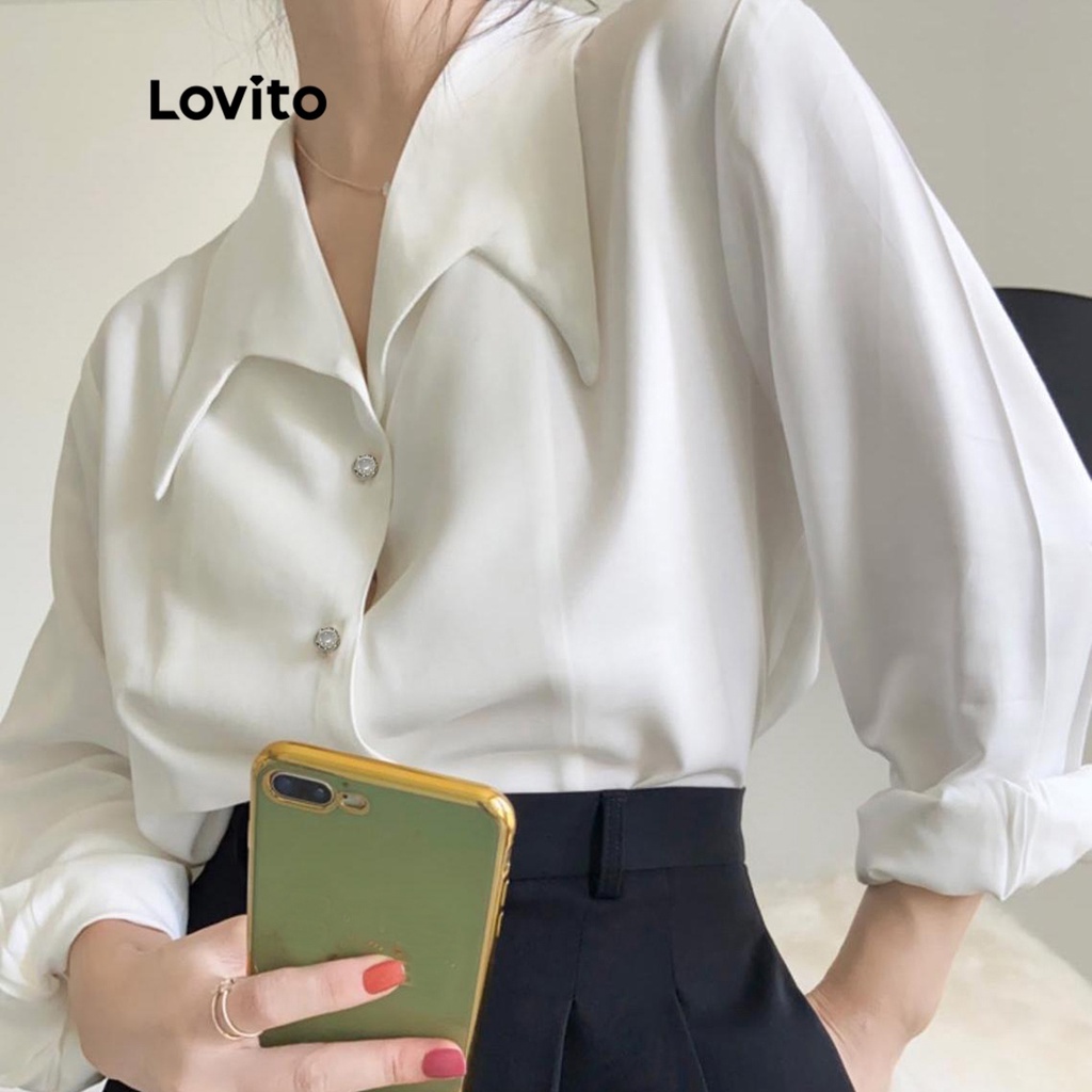 Áo kiểu LOVITO phối nút màu trơn thường ngày cho nữ LNA10163 (Màu trắng)