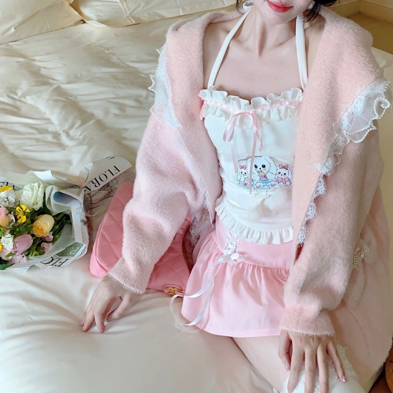 Áo Hai Dây Phối Ren Thắt Nơ In Họa Tiết Cún Con Dành Cho Nữ