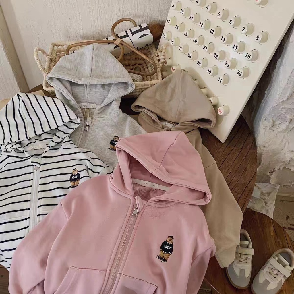 Áo Khoác cardigan Có Nón Tay Dài Không Phai Màu Thêu Hình Gấu Phong Cách Hàn Quốc Dễ Phối Đồ Thời Trang Xuân Thu Cho Nam Và Nữ